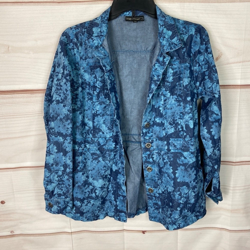 DG2 Jacket Womens XS Blue Floral Button Up Chambray‎ Long Sleeve Collar Pocket